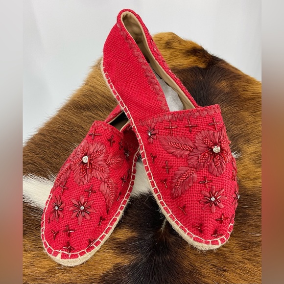 Antik Batik for Johnny Was Tori Espadrille in Red Jute Embroidered Sequins SZ 6 - Picture 2 of 6